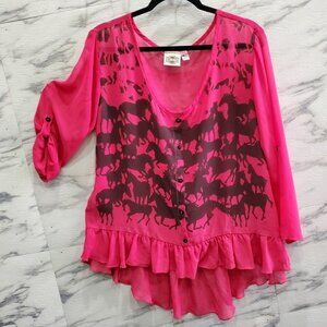 Rods Blouse Women Size XL Hot Pink Black Horse Print Ruffle Button Accents